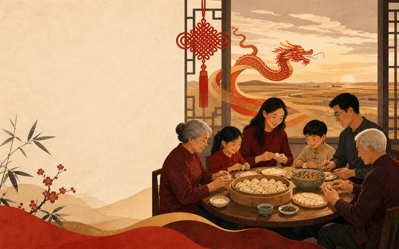Illustration of a multigenerational Chinese American family making dumplings with a Chinese knot and Nebraska prairie beyond the window