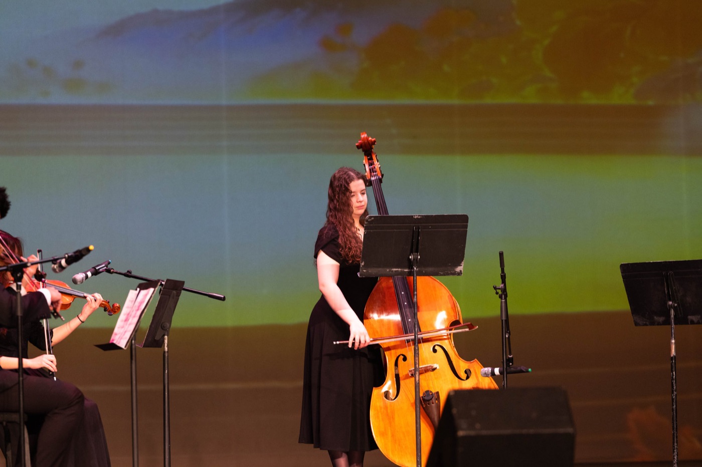 A cellist performs before a projected landscape