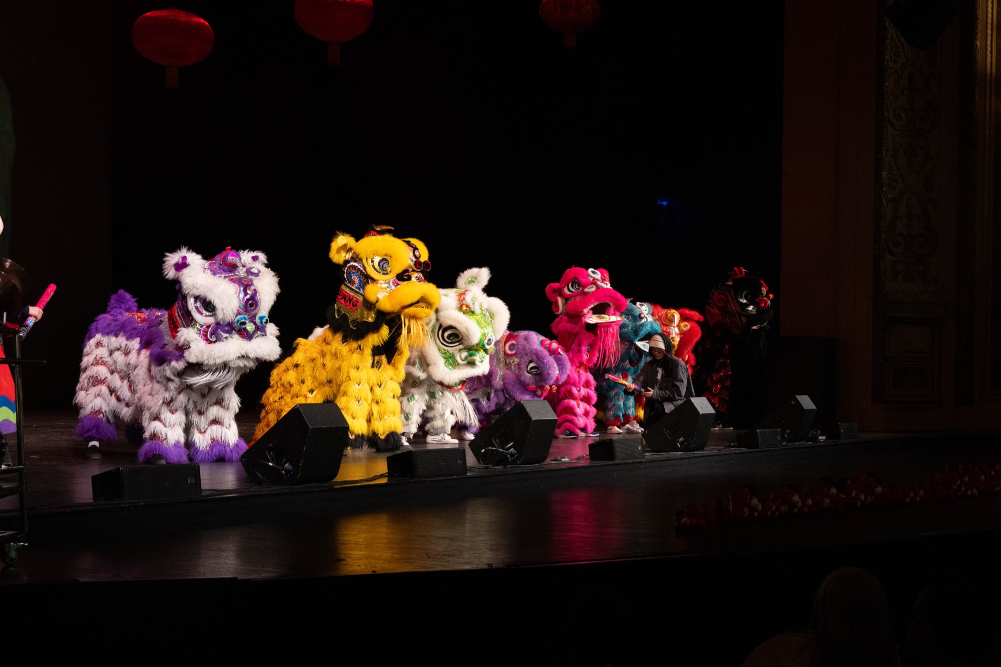 Colorful lion dance costumes lined across a dark theater stage